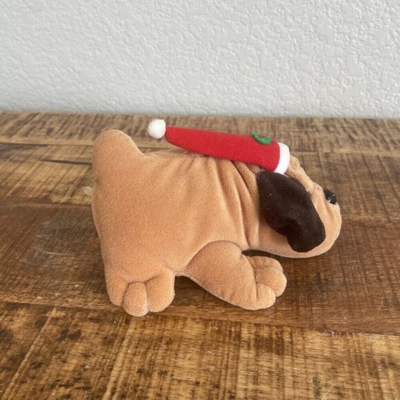 1991 Christmas Dog Plush Vintage Stuffed Toy Brown Santa Hat Red Puppy Gro Well - Picture 4 of 7